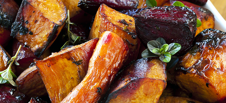 Root vegetables roasted with balsamic and thyme. Includes beetroot, carrots, and sweet potato.